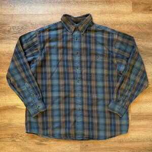 Roundtree Yorke Casual Button Down Mens L BlueBrown Plaid Rugged Flannel Shirt